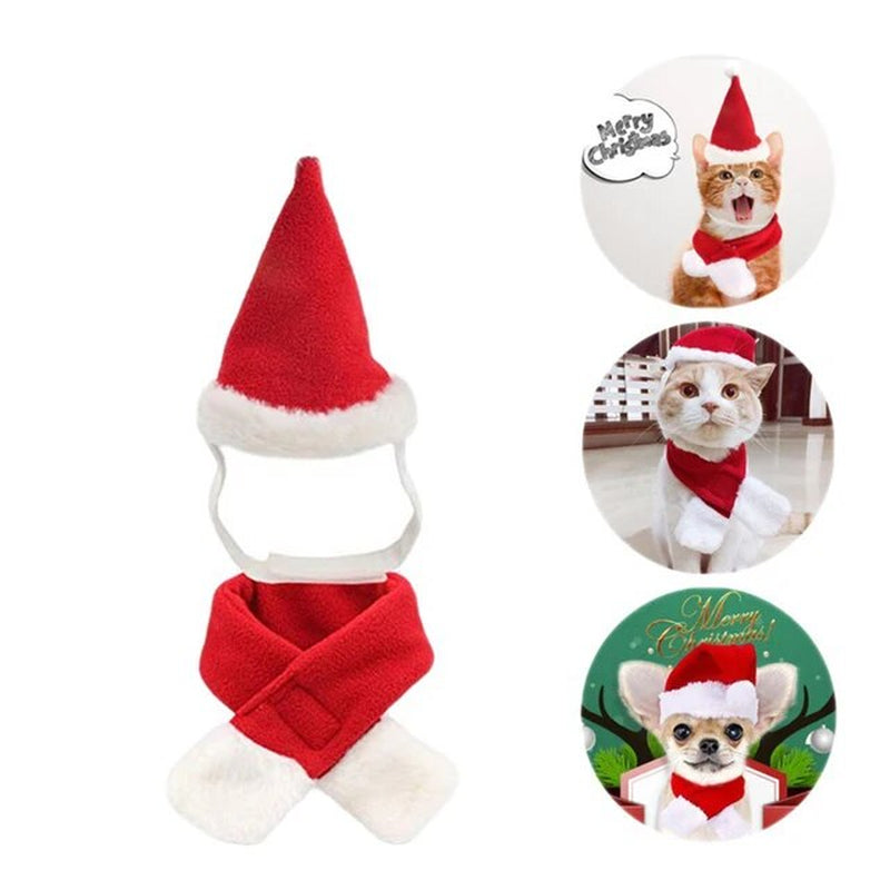 Christmas Costumes Hat and Scarf Set for Cats and Dogs - Xmas Santa Outfit for Pets